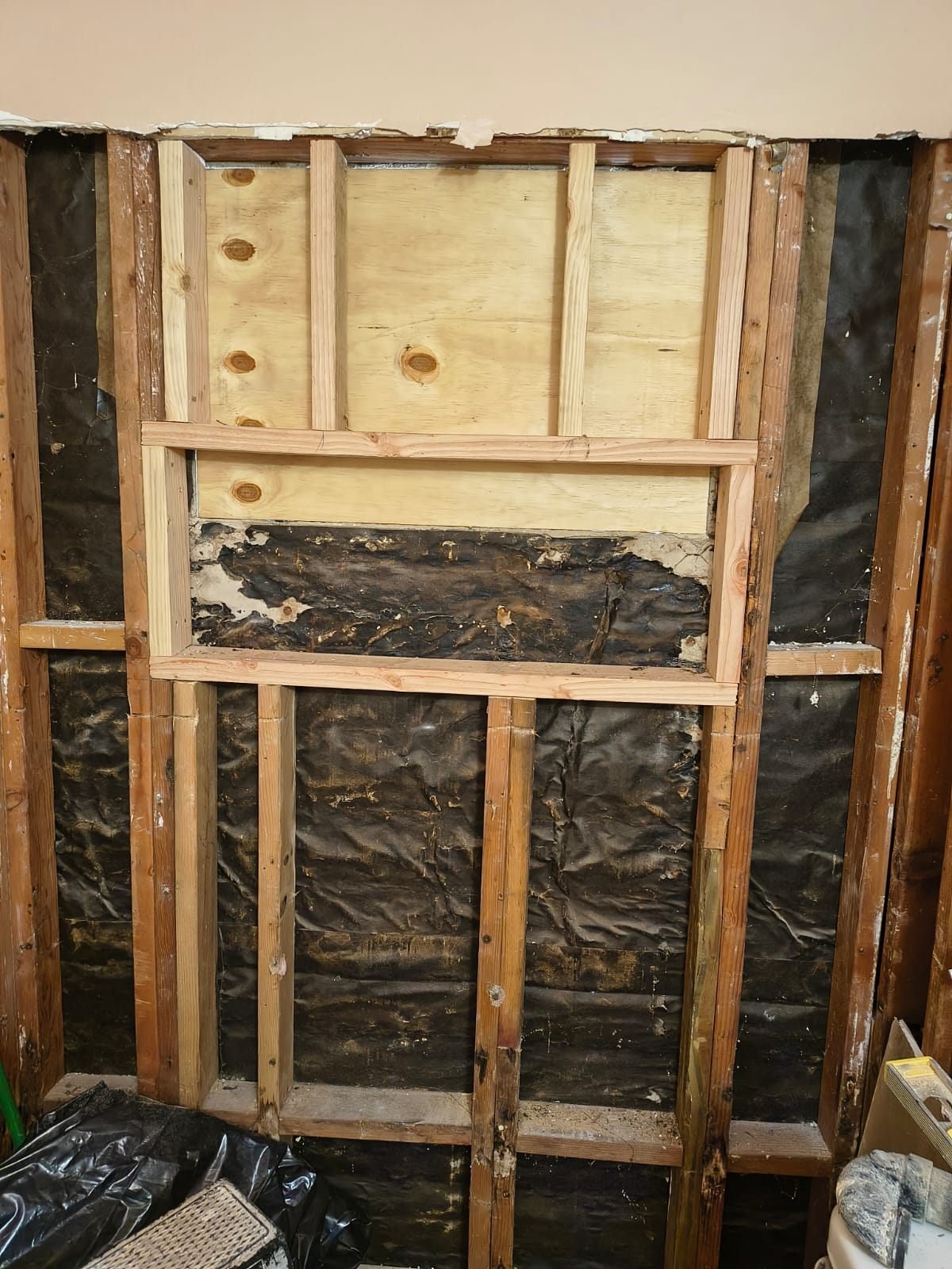 Solid new framing built for the shower niche